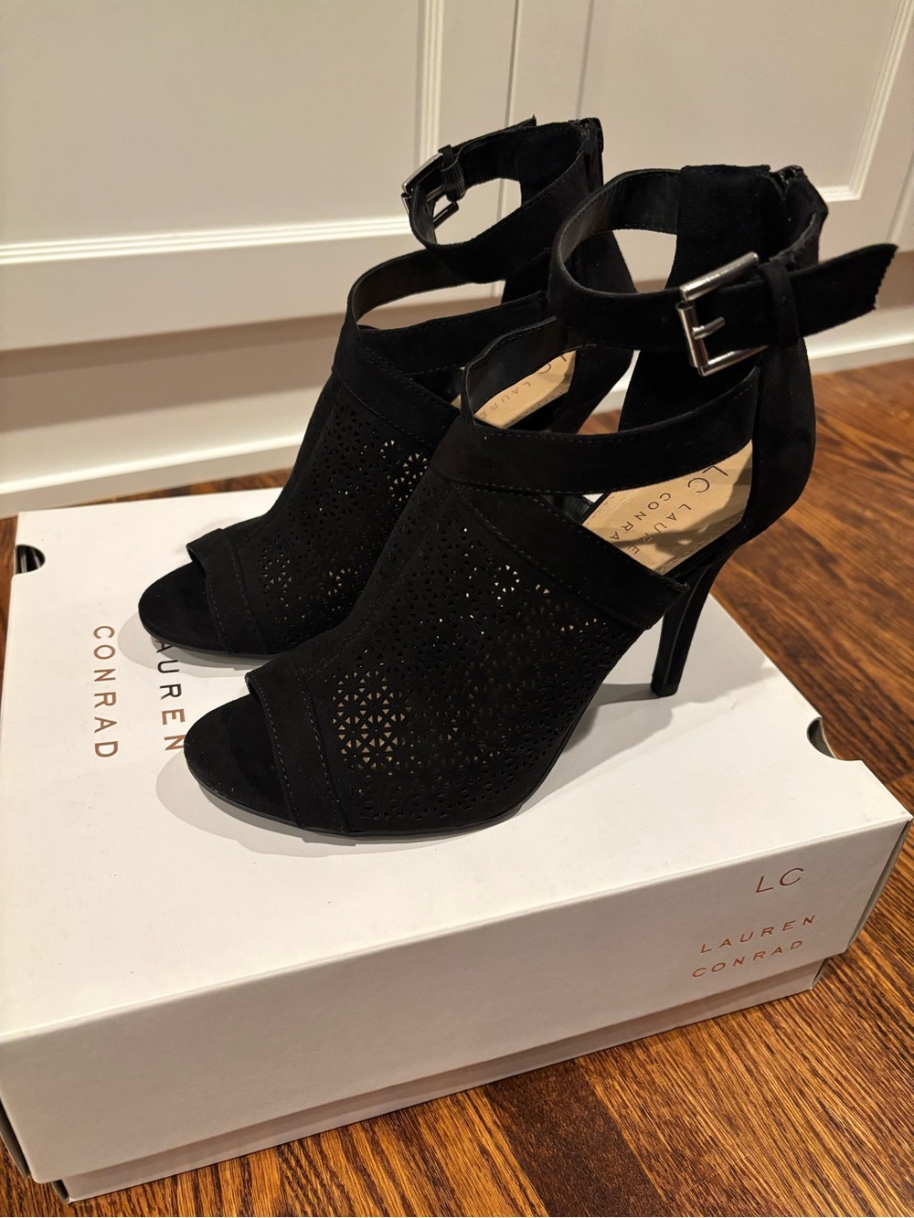 NEW LC Lauren Conrad Black Perforated Suede Peep-Toe Ankle Strap Heels